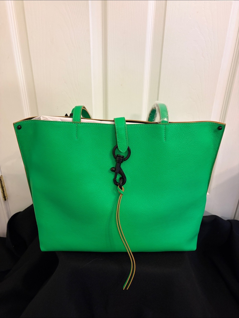 Rebecca Minkoff Neon Green Pebbled Leather Tote Bag Featuring Dog Clip Hardware